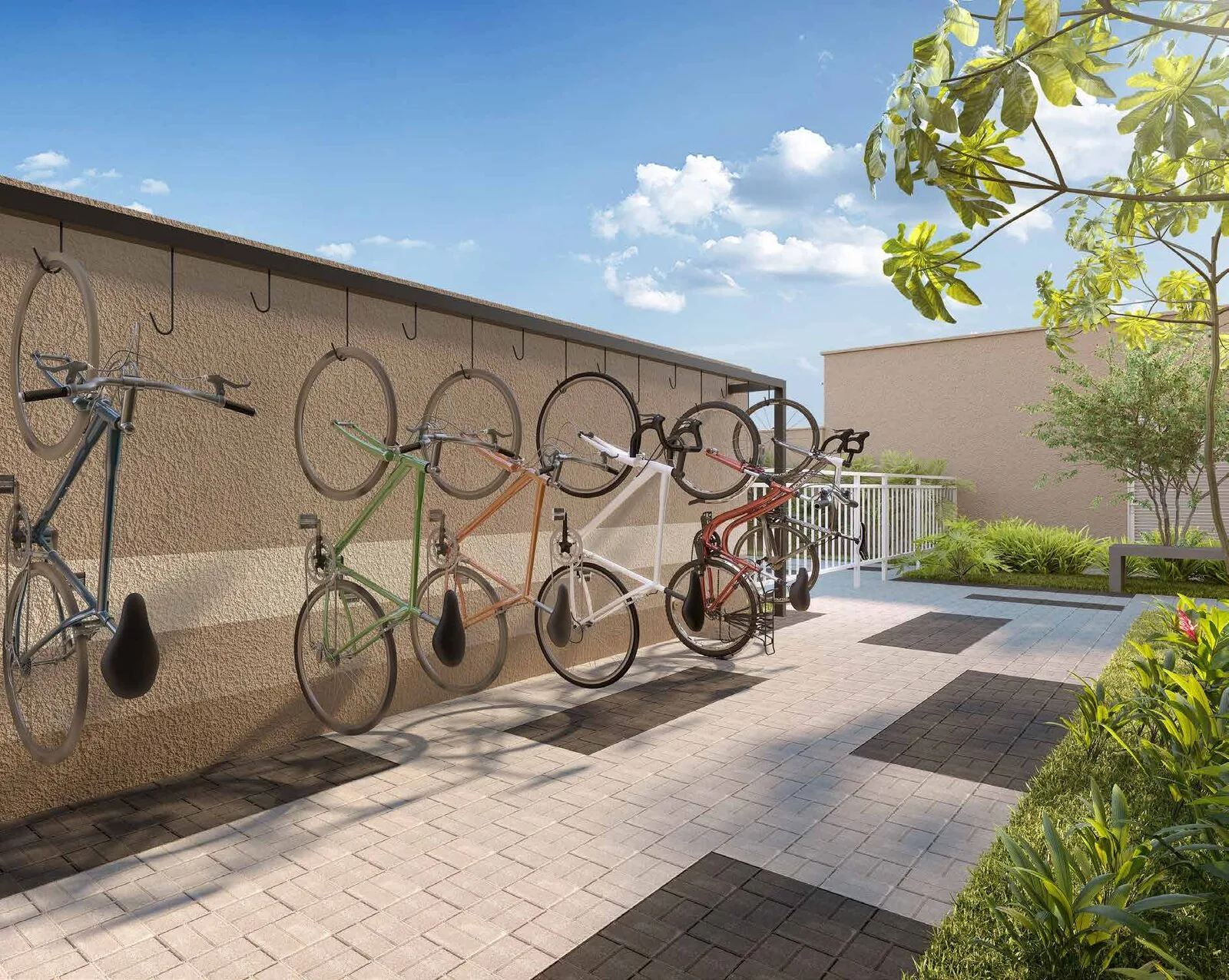 Bicicletário do Inove Residence, com suportes de parede para bicicletas