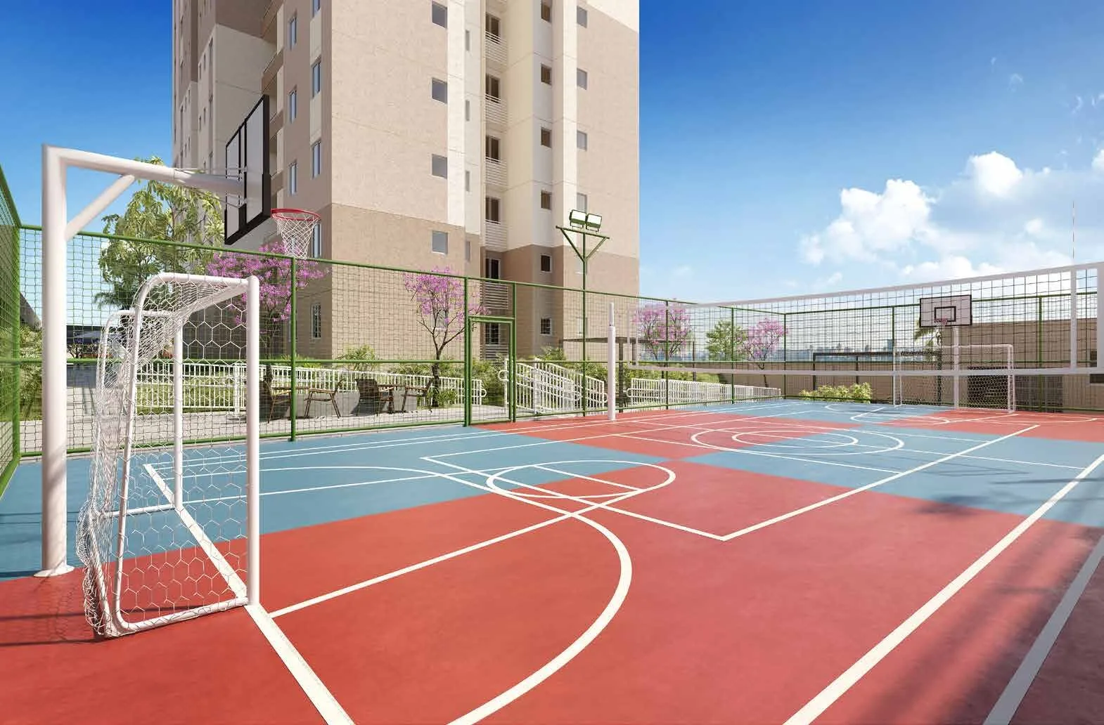 Quadra esportiva do Inove Residence, com traves e cesta de basquete