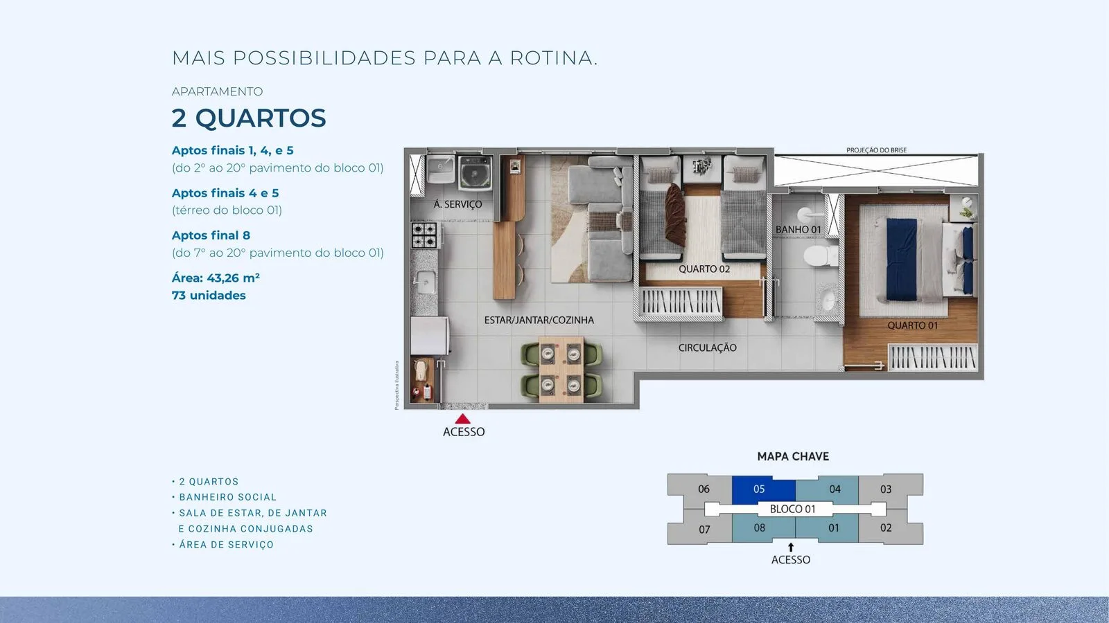 Planta de apartamento de 2 quartos do Inove Residence, com 43,26 m²