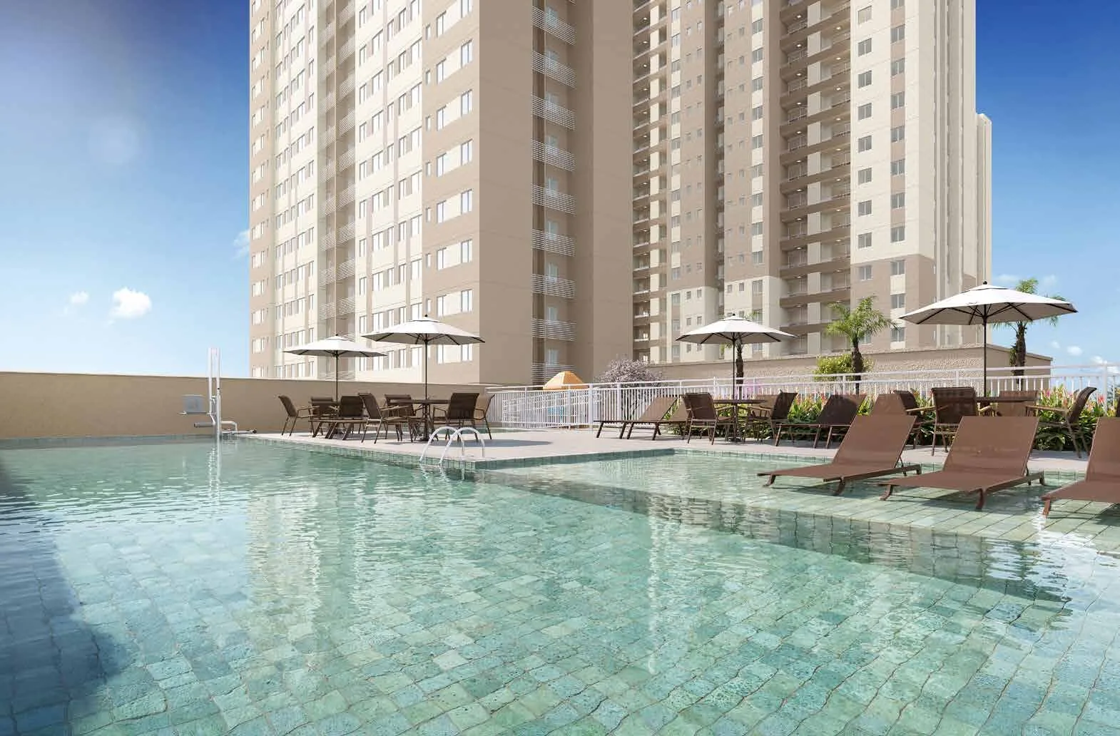 Piscina adulto com deck molhado, solário e piscina infantil do Inove Residence