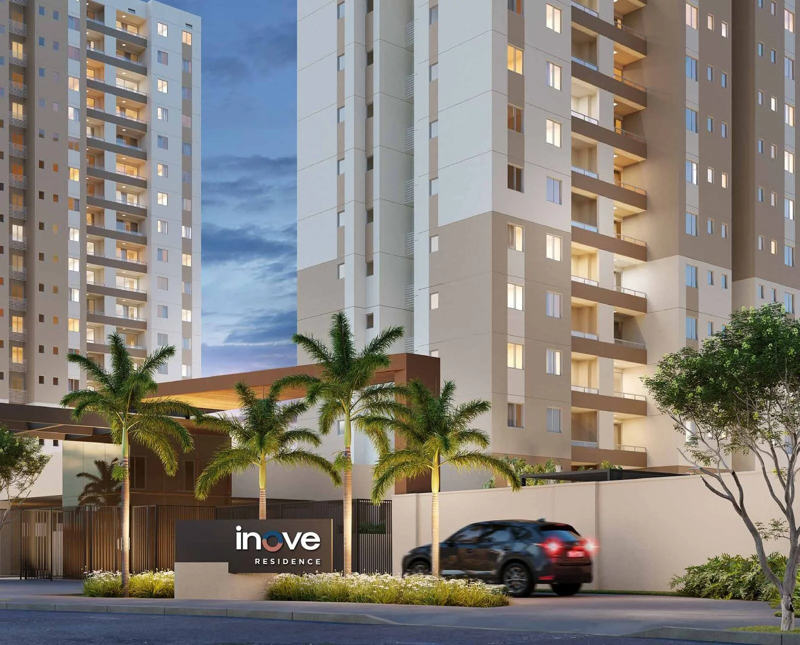 Guarita e entrada do Inove Residence, com pórtico e pele de vidro