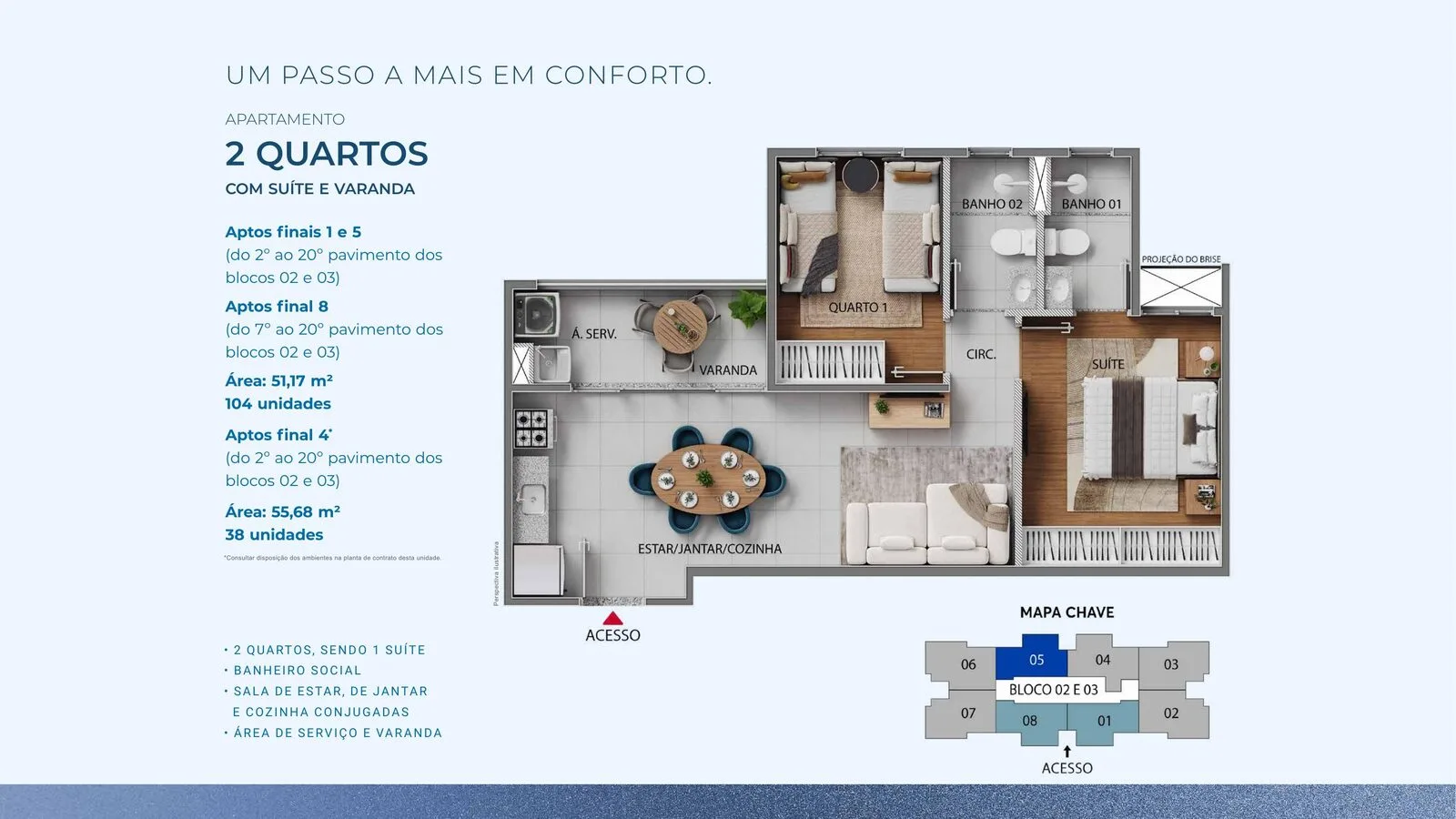 Planta de apartamento de 2 quartos com suíte e varanda do Inove Residence