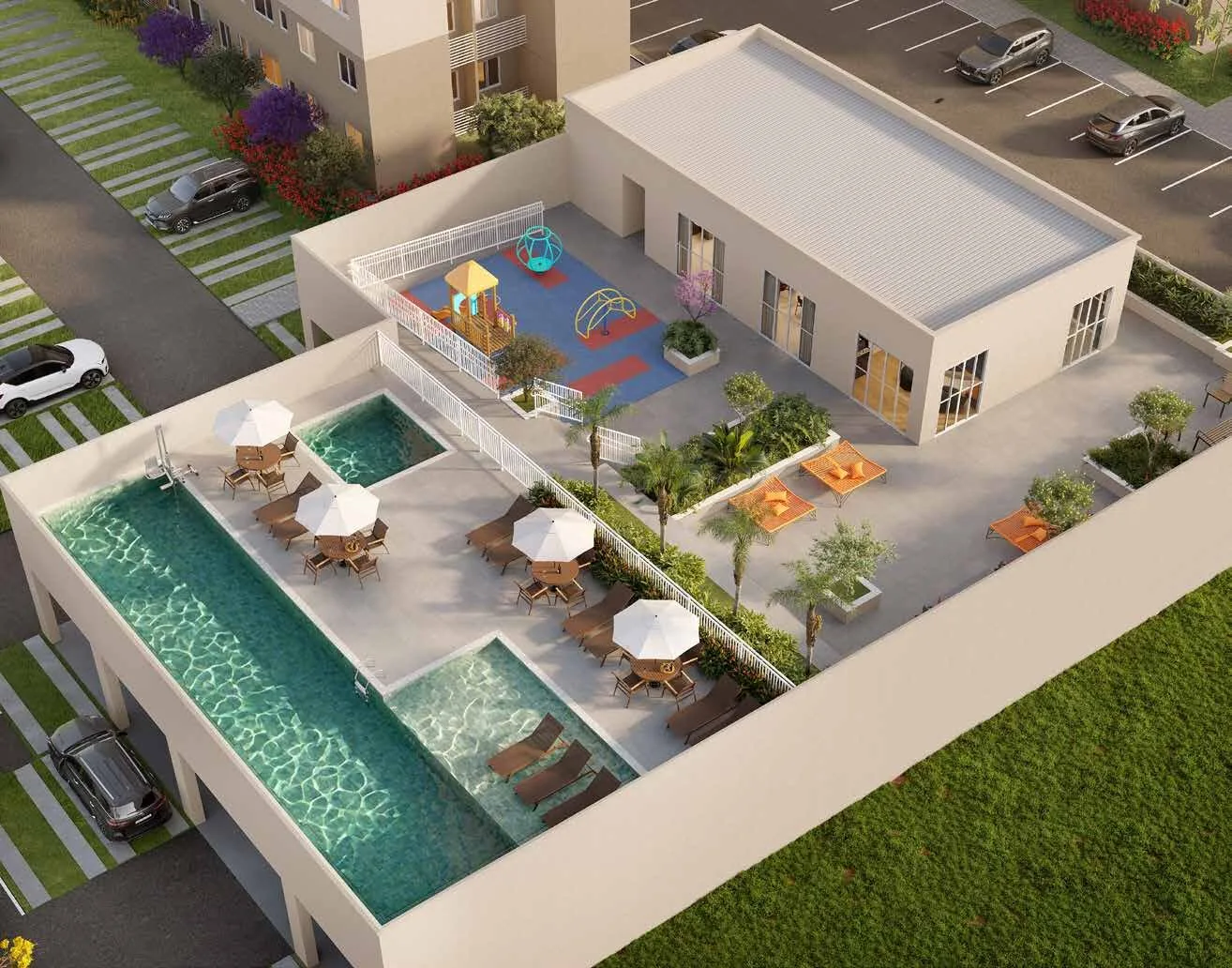 Vista aérea da área de lazer do Inove Residence, com piscinas, deck e playground