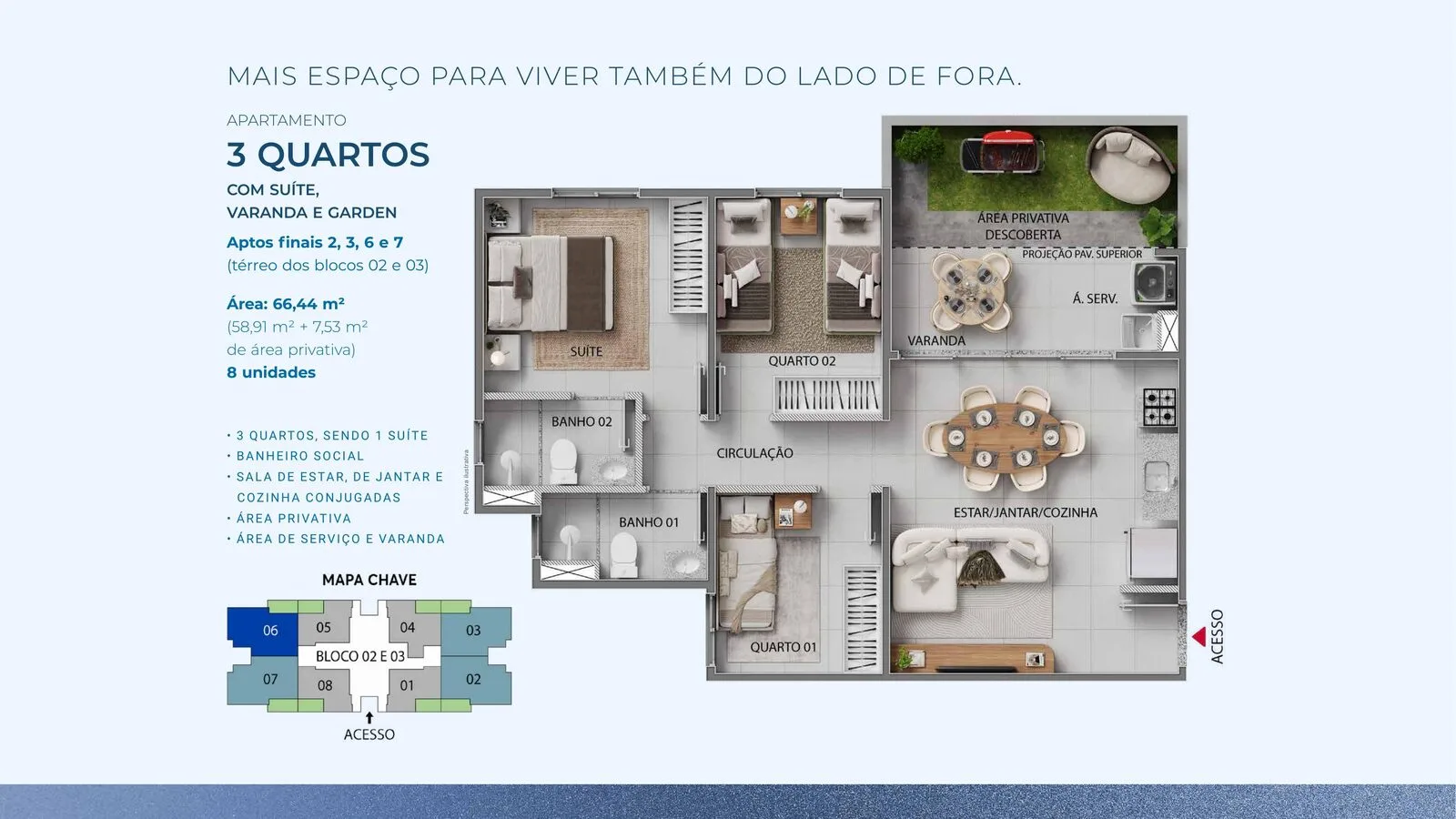 Planta de apartamento de 3 quartos com suíte, varanda e garden do Inove Residence, com 66,44 m²