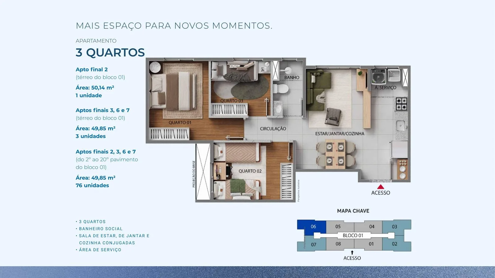 Planta de apartamento de 3 quartos do Inove Residence, com 49,85 m²