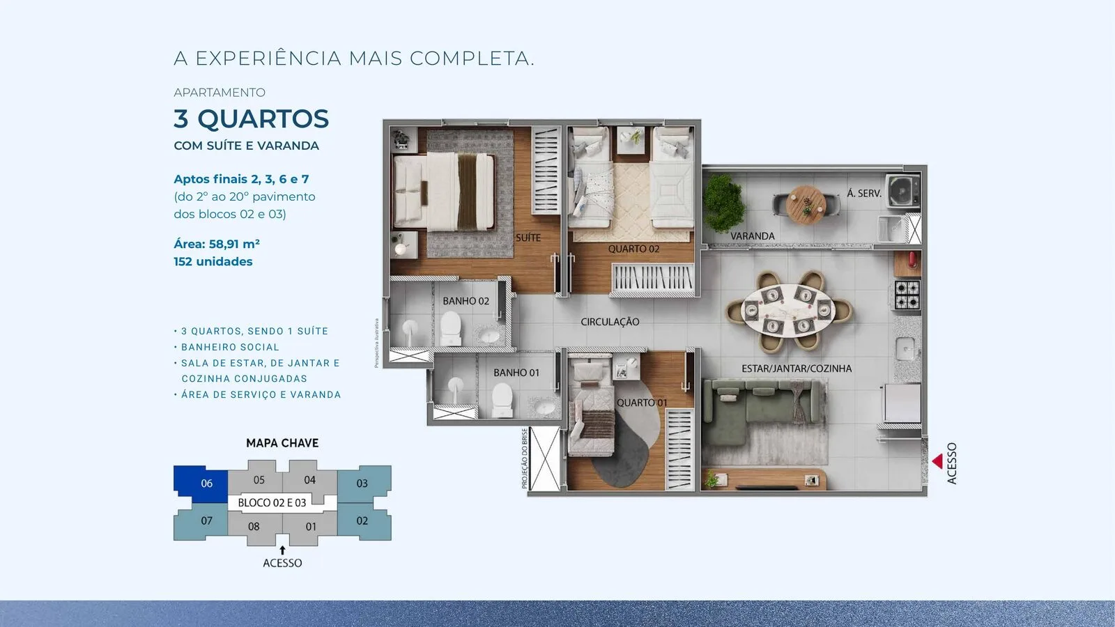 Planta de apartamento de 3 quartos com suíte e varanda do Inove Residence, com 58,91 m²