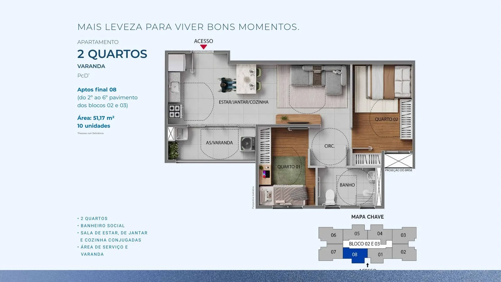Planta de apartamento de 2 quartos com varanda do Inove Residence, com 51,17 m²